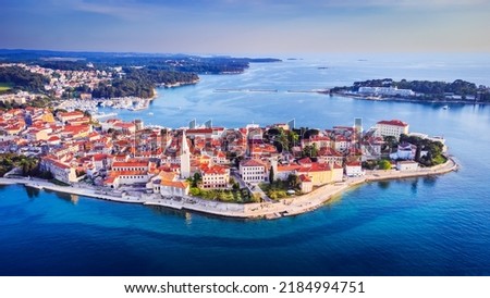 Porec, Croatia. Aerial drone view of old town and Adriatic Sea, Istria region, Europe. Travel background concept.