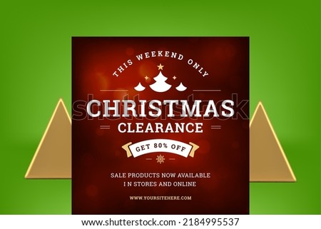 Red Christmas sale vintage social media post template decorative ribbon vector illustration. Xmas winter weekend seasonal discount web banner spruce star snowflake design shopping special offer