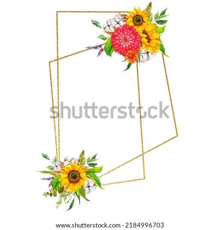 Watercolor clipart summer golden frame with sunflowers bouquet with green leaves isolated. Floral geometric frame blossom boho illustration wedding invitation save the date card, Summer Wedding decor