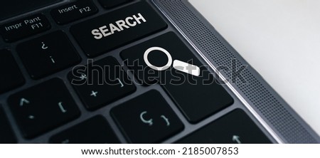 Banner of keyboard with search button and selective focus. Concept of searching browsing Internet data information.
