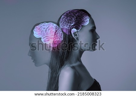 Women's mental health. The concept of the nervous system of the brain. Thought process and psychology. Brain fog, post-covid syndrome, brain aging Royalty-Free Stock Photo #2185008323