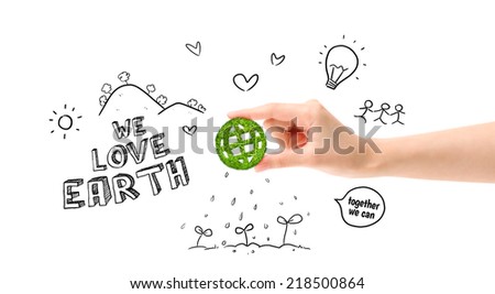 Green globe in hand and environmental drawing (Environment concept)