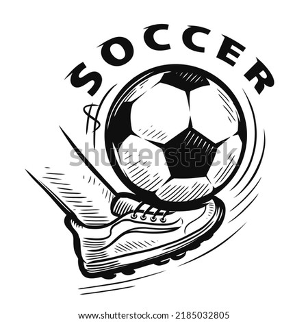 Foot cleat with spikes kicking a soccer ball. Football and soccer sports mascot. Vector sketch illustration