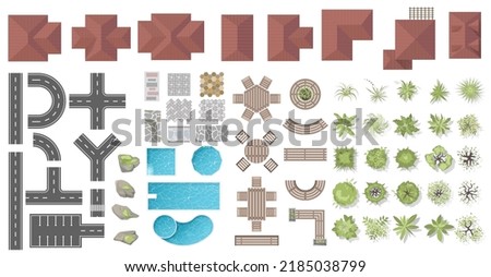 Architectural and Landscape elements top view for town, village. Collection of houses, plants, garden, tree, road element, swimming pool, outdoor furniture, tile. Kit of objects view from above Royalty-Free Stock Photo #2185038799