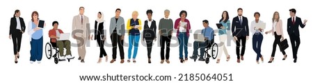 Multinational business team. Vector illustration of diverse cartoon men and women of various ethnicities, ages and body type in office outfits. Big Set of different business people. Isolated on white.