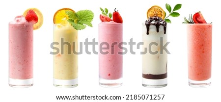 Strawberry smoothie, orange smoothie, tomato smoothie, yuzu chocolate smoothie images collection. Royalty-Free Stock Photo #2185071257