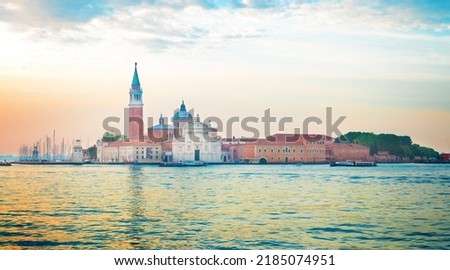 view of laggon and San Giorgio island at sunrise, Venice, Italy, web banner format