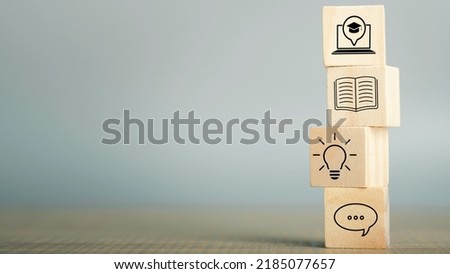 Course education online or e-learning concept. Computer study technology, idea, book, icon on wood block stack with copy space for background or text