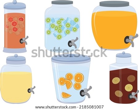 Glass drink beverage dispenser collection with cold drinks vector illustration Royalty-Free Stock Photo #2185081007
