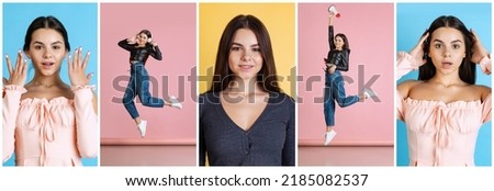 Collage. Portraits of beautiful young woman, girl in casual clothes posing isolated over multicolored background. Emotive model. Concept of emotions, facial expression, feelings, fashion, beauty, ad