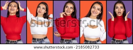Collage. Portraits of beautiful young woman with positive emotions posing isolated over red purple background . Concept of emotions, facial expression, feelings, fashion, beauty, ad