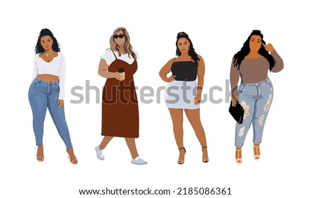 Set of plus size different fashion women. Black beautiful trendy girls wearing street style modern summer outfit. Cartoon style fashion illustration vector isolated.