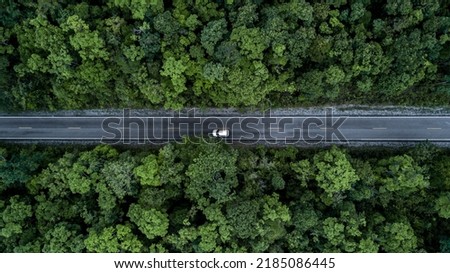 Aerial view green forest and asphalt road, Top view forest road going through forest with car adventure, Ecosystem ecology healthy environment road trip travel. Royalty-Free Stock Photo #2185086445