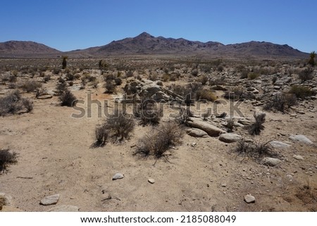 Arid desert landscape of western Mojave desert in California, USA with the dry land of sand and rocks, the dried out bushes and desert vegetation in the foreground and the blue summer sky in the back. Royalty-Free Stock Photo #2185088049