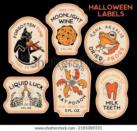 Halloween Bottle Labels and Potion Labels. Vector Illustration. Royalty-Free Stock Photo #2185089331