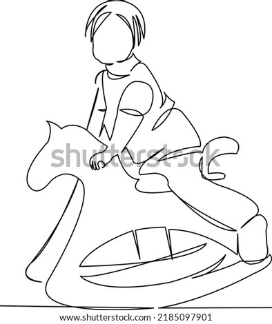 One continuous single drawing line art flat doodle kid, happy, horse, cute, toy, baby, ride. Isolated image hand draw contour on a white background
