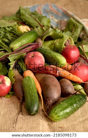 In the picture, ripe vegetables, beets, potatoes, cucumbers, apples and carrots lie on the table.