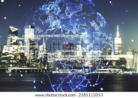 Multi exposure of abstract creative coding sketch and world map on New York city skyline background, artificial intelligence and neural networks concept