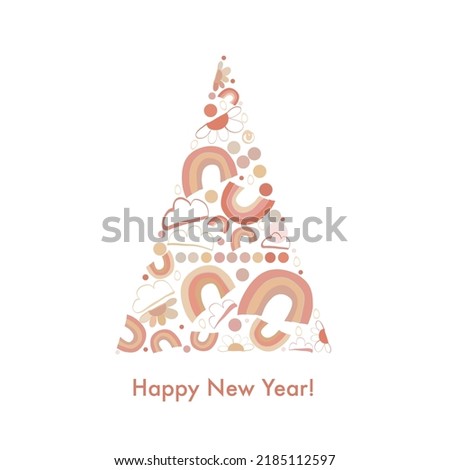 Pine tree made of rainbow, cloud and daisies greeting card. Happy new year and Merry Christmas vector