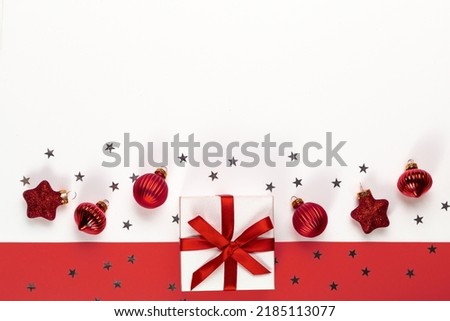 Christmas card with Christmas decorations. Copy space.