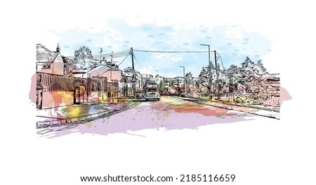 Building view with landmark of Newry is the 
city in Northern Ireland. Watercolor splash with hand drawn sketch illustration in vector.