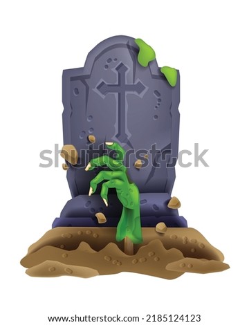 Zombie hand halloween icon, vector horror tombstone grave, comic cartoon monster green arm, ground. Cemetery cross, spooky rising undead illustration, scary holiday clipart. Zombie hand stone monument Royalty-Free Stock Photo #2185124123
