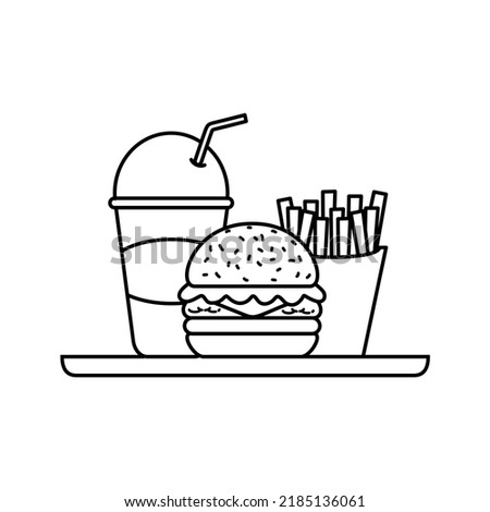Burger, fries and soda vector illustration in simple line art design isolated on white background. Linear style of fast food icon