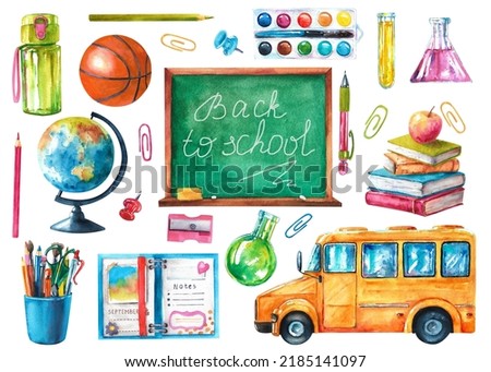 Watercolor school set. Collection of school things. School bus, globe, books, chemical flasks and other things.
