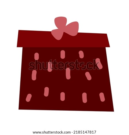 Cartoon Christmas gift. Red color dot present isolated on white background. New Year, Valentines Day, Birthday greeting card. Decorated wrapped box with bow, strokes. Vector cute holiday illustration