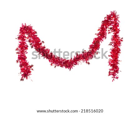 Christmas red tinsel with stars. Isolated on a white background.  Royalty-Free Stock Photo #218516020