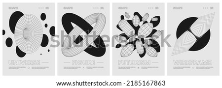 Strange wireframes of geometrical shapes and black geometric figures, modern design inspired by brutalism, contemporary artwork, abstract monochrome design vector set posters, cover, invitation