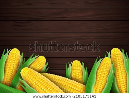 Realistic Detailed 3d Whole Sweet Organic Corn Cob on Brown Wooden Background Card Wallpaper. Vector illustration Royalty-Free Stock Photo #2185173141