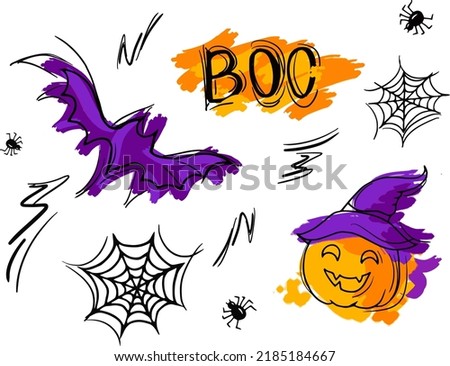 Drawn set for halloween. Watercolor sketch of a pumpkin. Bat. Halloween night clipart illustration. Halloween decoration. Traditions. October 31. Orange. Violet. Halloween sketch.