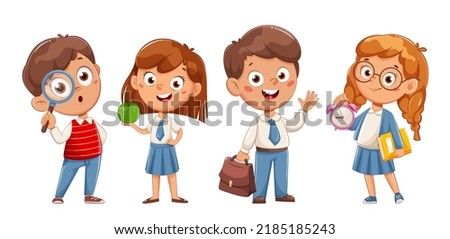 Cute schoolboy and schoolgirl, set of four poses. Cute boy and girl cartoon characters. September 1. Back to school concept. Royalty-Free Stock Photo #2185185243