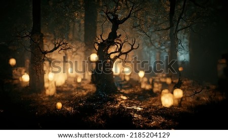 Realistic haunted forest creepy landscape at night. Fantasy Halloween forest background. Surreal mysterious atmospheric woods design backdrop. Digital art. Royalty-Free Stock Photo #2185204129