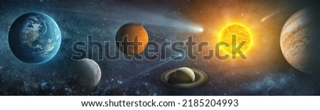 Sun, planet Earth, Mars, Jupiter, Saturn, Moon , galaxies, stars, comet, asteroid, meteorite, nebula. Space panorama of the universe. Elements of this image furnished by NASA