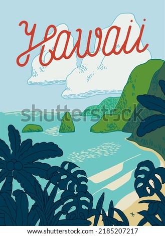 Hawaii poster. Beautiful Hawaii ocean view landscape with mountains and the beach with a tiny surfer figure on it surrounded by tropical plants.