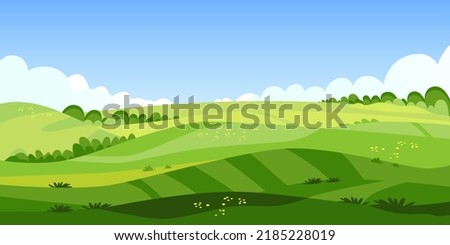 Beautiful summer fields landscape with dawn, green hills, bright color blue sky. Vector illustration, country background in flat cartoon style banner. Simple geometric landscape design. Royalty-Free Stock Photo #2185228019