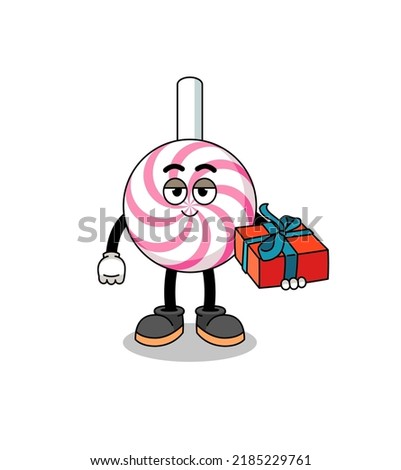 lollipop spiral mascot illustration giving a gift , character design