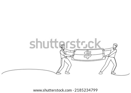 Illustration of businessman and business woman fights over money. One line art style
