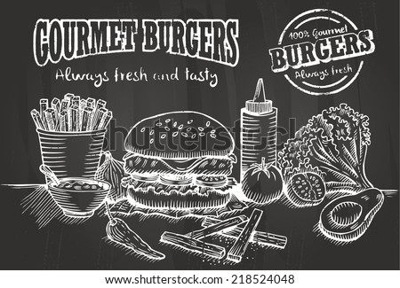 Hand drawn of burger and ingredients