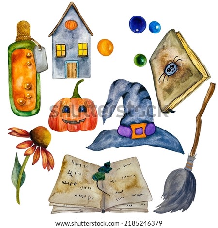 Design for Halloween. Watercolor set of watermelon, jewelry, broom, witch hat and potions. 