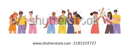 Group of friends wearing cone hats and having a birthday party. flat design style vector illustration.
