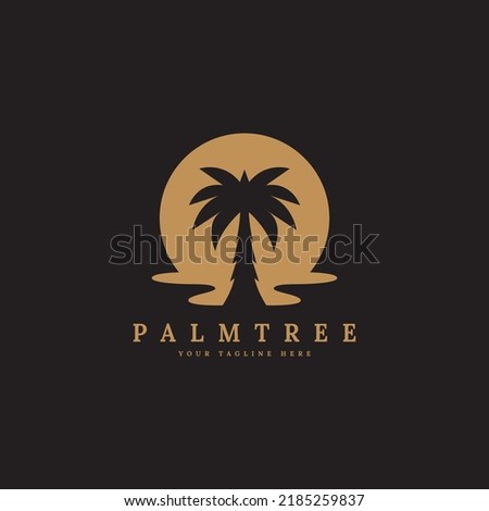 palm tree and sea water wave logo design with gold color vector illustration