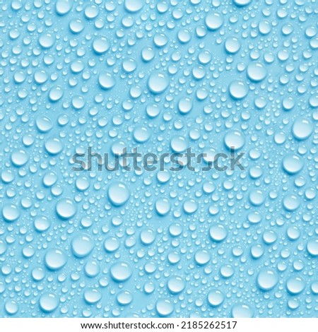 Real seamless texture condensation water droplet on light blue background. Repeating pattern fresh water drops bubble.