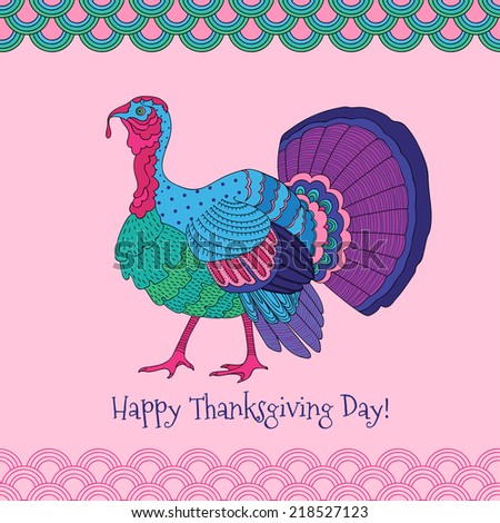 Colorful turkey on pink background. Thanksgiving day