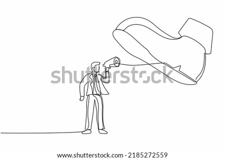 Single one line drawing businessman speaking with megaphone under giant shoe. Boot of army soldier stepping on businessperson. Minimalism metaphor. Continuous line design graphic vector illustration