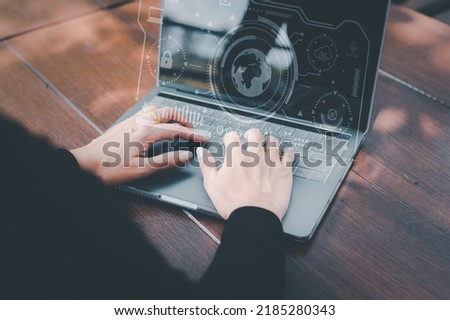 Businesswoman using phone and typing in laptop. Digital hud hologram with brain and business icons. Concept of artificial intelligence and machine learning