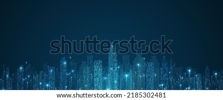 Cityscape on dark blue background with bright glowing neon. Technology city background Royalty-Free Stock Photo #2185302481