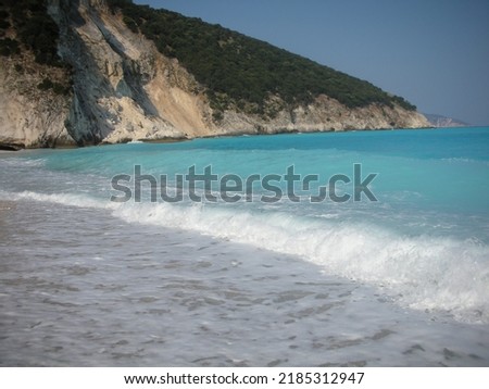 Myrtos beach Kefalonia Greece.Myrtos Beach is in the region of Pylaros, in the north-west of Kefalonia island, in the Ionian Sea of Greece. Cephalonia island,  Greek islands, Mediterranean. 